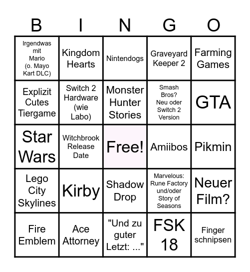 Nintendo Direct Bingo Card