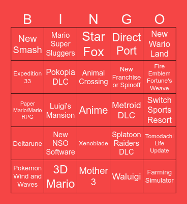Nintendo Direct Bingo Card