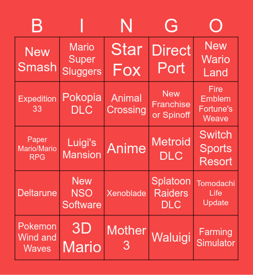 Nintendo Direct Bingo Card