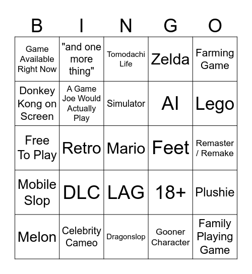 Nintendo Direct Bingo Card