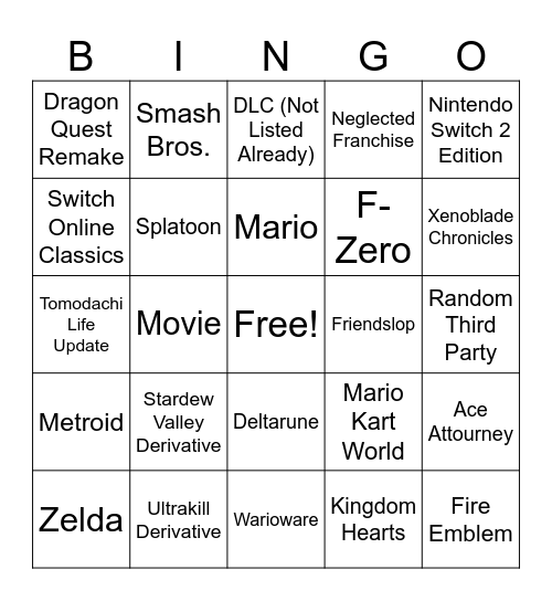 9.9.2026 Nintendo Direct Bingo Card