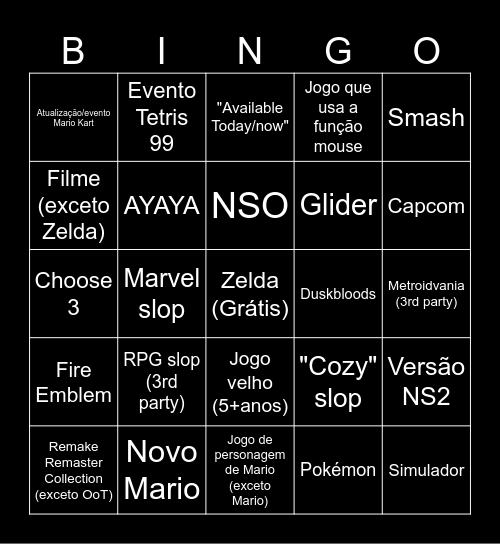 Nintendo Direct 09/09/2026 Bingo Card