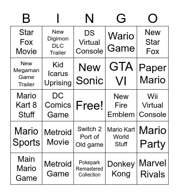 Nintendo Direct Bingo Card