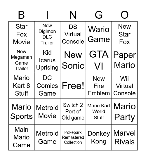 Nintendo Direct Bingo Card