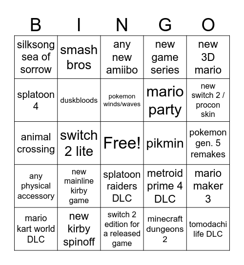 nintendo direct 09.09.2026 Bingo Card