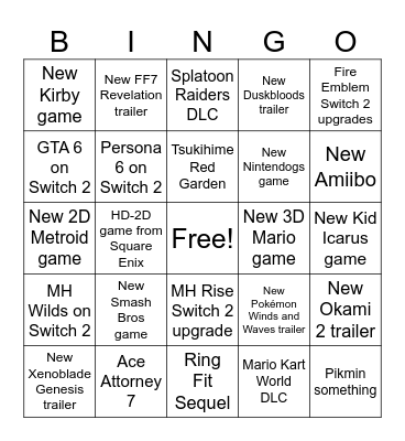 Nintendo Direct 9/9/26 Bingo Card