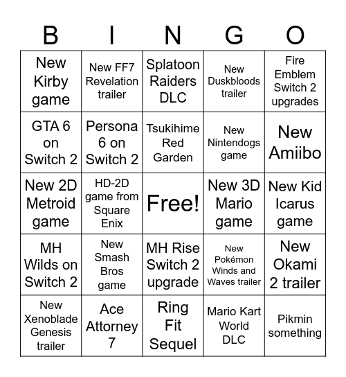 Nintendo Direct 9/9/26 Bingo Card