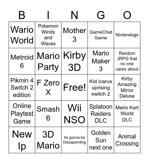Nintendo Direct 992026 Bingo Card