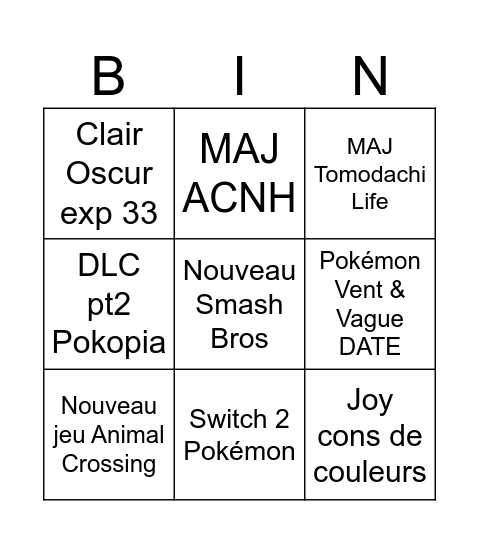 Nintendo Direct Bingo Card