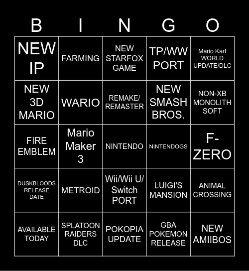 NINTENDO DIRECT BINGO Card