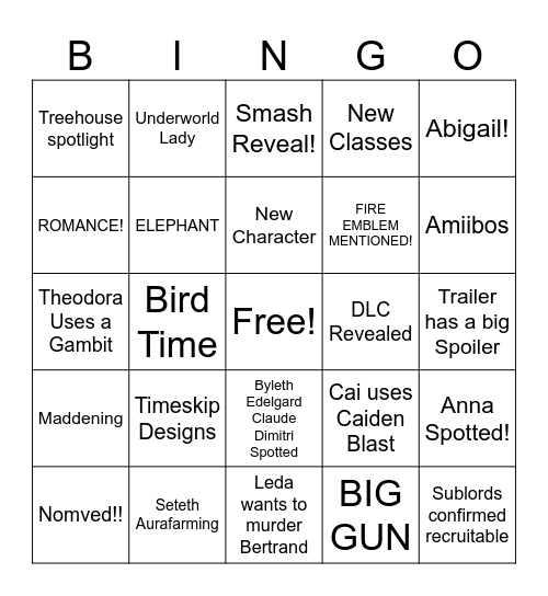 Direct Bingo for Fire Emblem Bingo Card