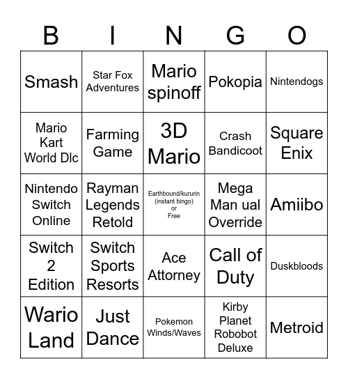 Nintendo Direct 09/09/2026 Bingo Card
