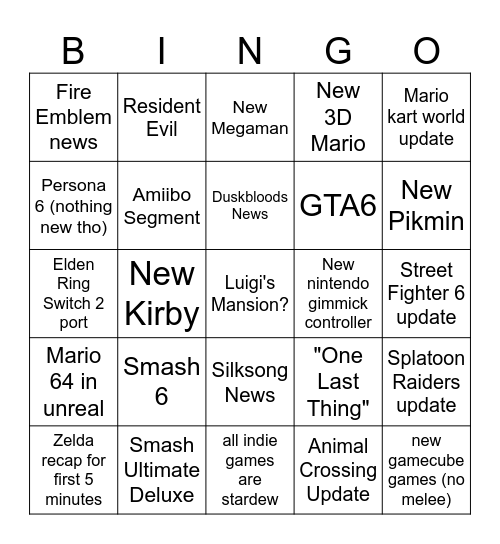 Nintendo Direct Bingo Card