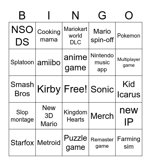 Nintendo direct 2026 Bingo Card