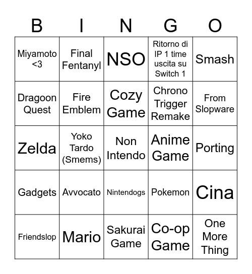 Nintendo Direct 09/09/2026 Bingo Card