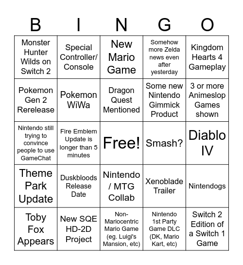 Nintendo Direct 9/9 Bingo Card