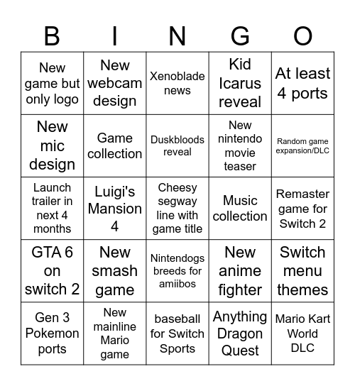 Nintrendo Direct Bingo Card