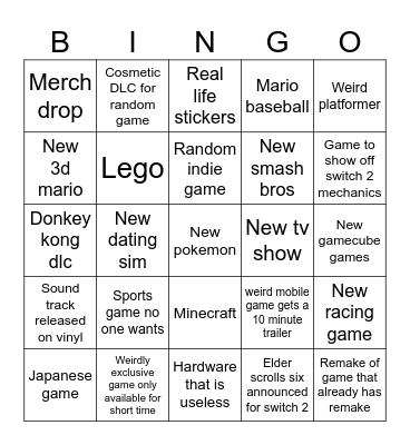 Nintendo Direct Bingo Card