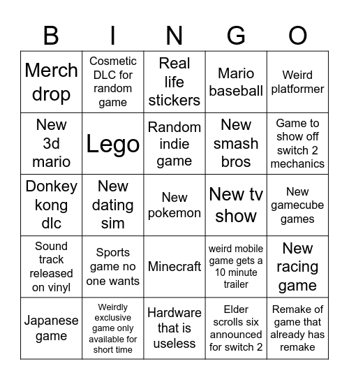 Nintendo Direct Bingo Card