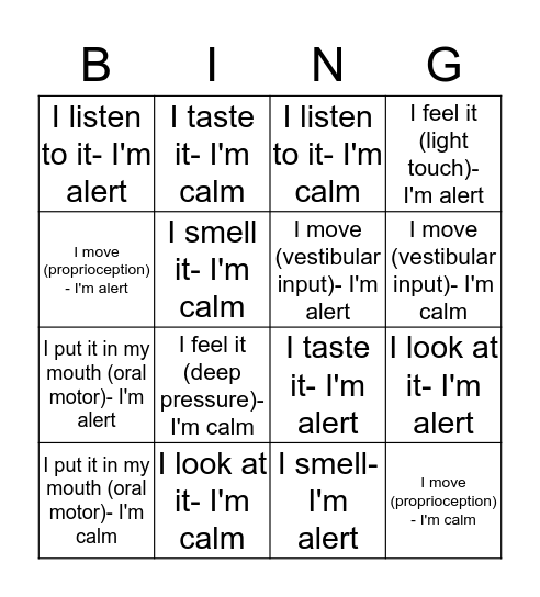 Sensory Bingo Card