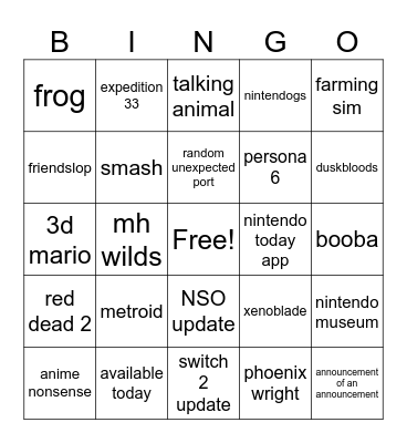ninto Bingo Card