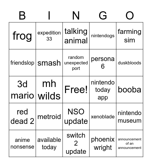 ninto Bingo Card