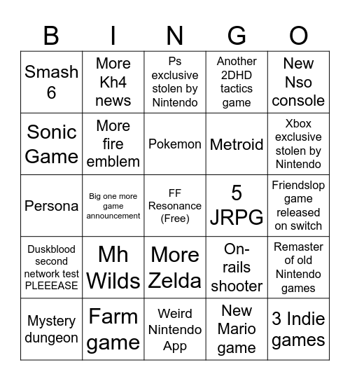 Nintendo Direct 9/9/26 Bingo Card