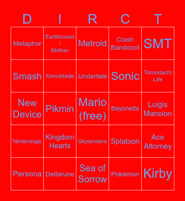 Nintendo Direct Bingo Card
