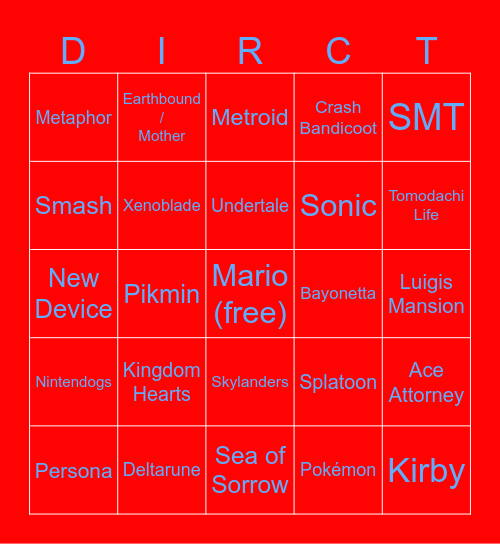 Nintendo Direct Bingo Card