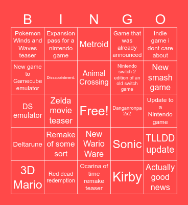 Nintendo direct bingo Card