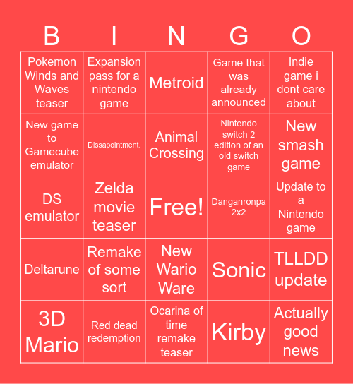 Nintendo direct bingo Card