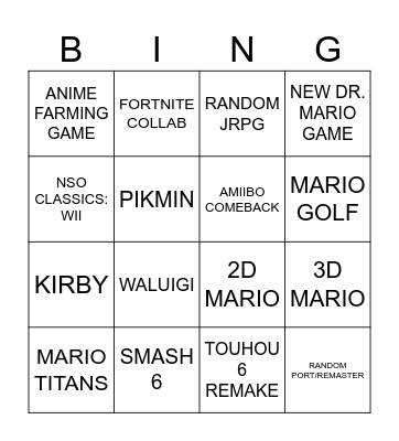 NINTENDO DIRECT BINGO Card