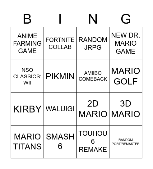 NINTENDO DIRECT BINGO Card