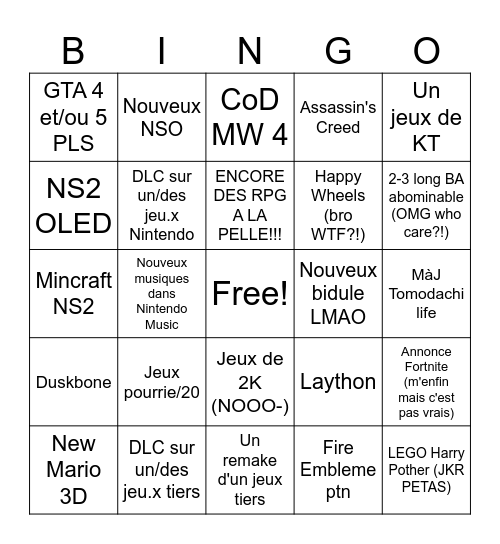 Bingo Nintendo Direct d'Octobre 2026 Bingo Card