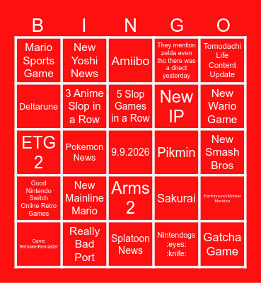 Nintendo Direct Bingo Card