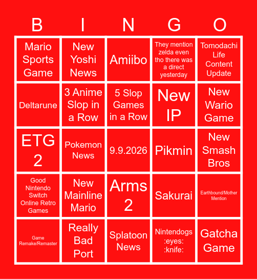 Nintendo Direct Bingo Card