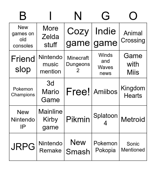Nintendo direct Bingo Card