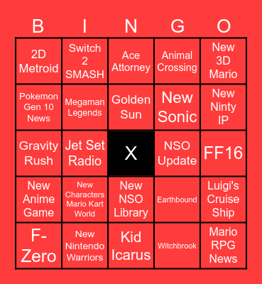 Nintendo Direct Bingo Card