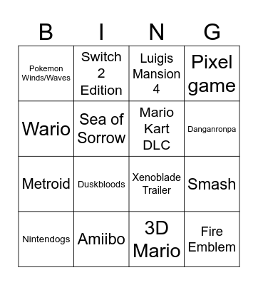 Nintendo Direct Bingo Card