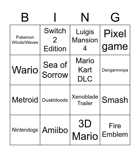 Nintendo Direct Bingo Card