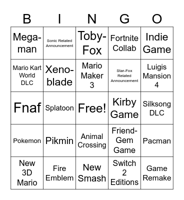 Nintendo Direct Bingo Card