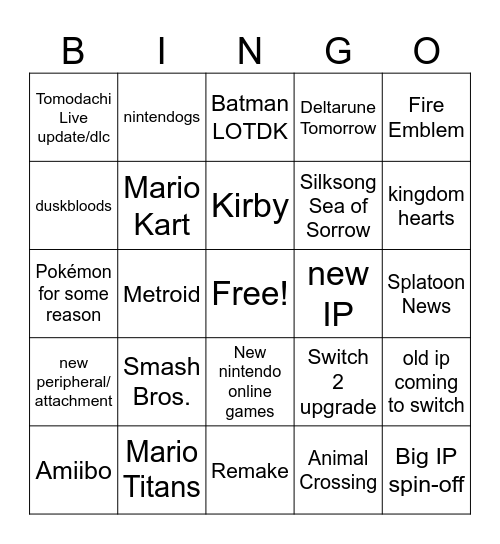 Nintendo Direct 09/09 Bingo Card