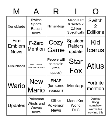 Nintendo Direct Bingo Card