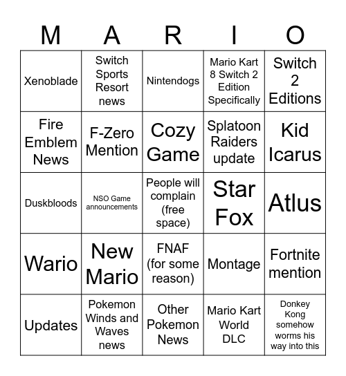 Nintendo Direct Bingo Card