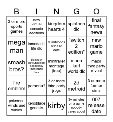 nintendo direct 9/9/26 predictions Bingo Card
