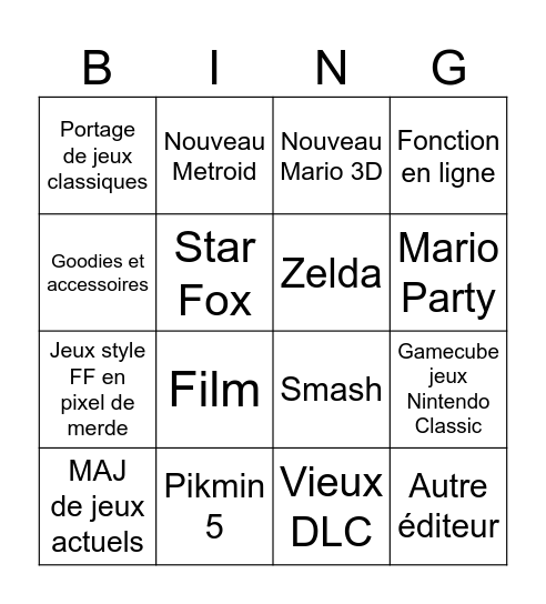 Nintendo Bingo Card