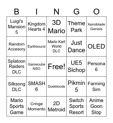 Nintendo Direct 2026 Bingo Card