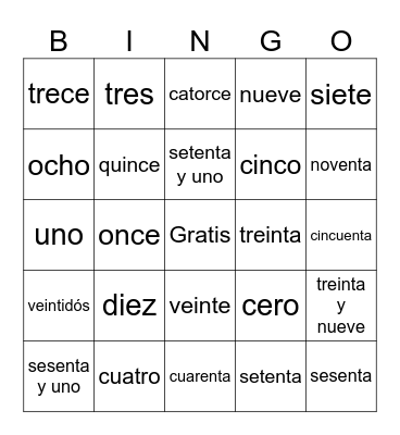 Los Números Bingo Card