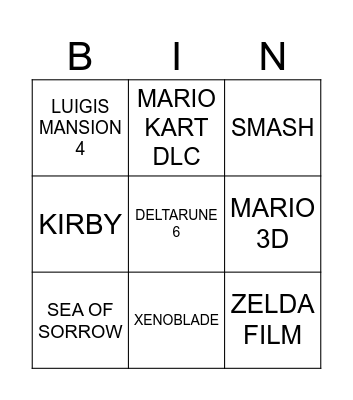 Nintendo Direct Bingo Card