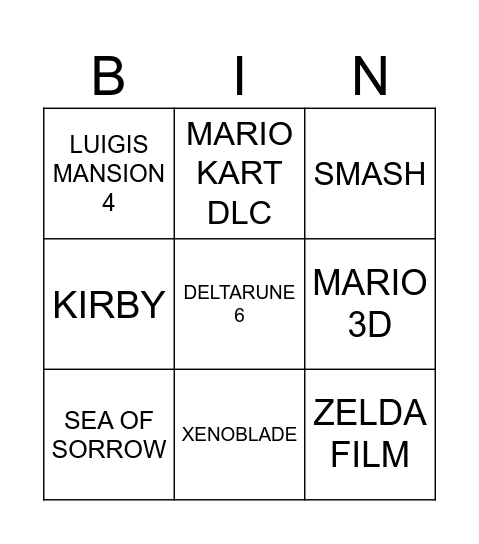 Nintendo Direct Bingo Card